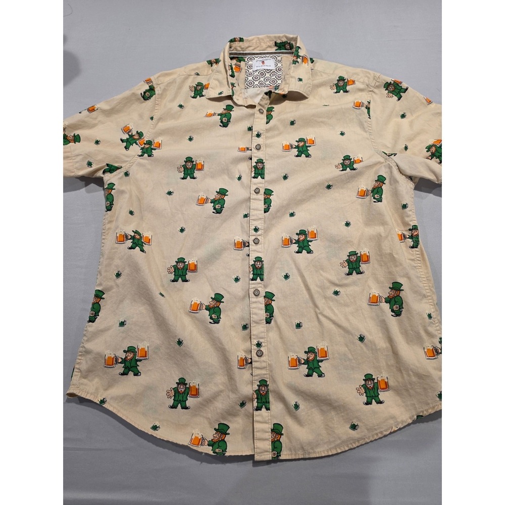 Denim & Flower Ricky Singh Mens XL St Patricks Day Leprechaun Beer Shirt Tan